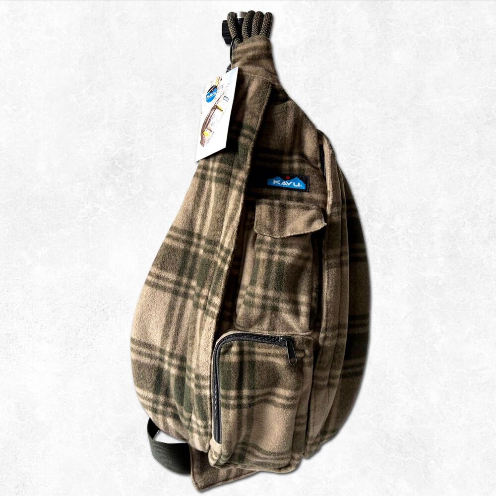 KAVU Polar Sling Rope Bag Timber Plaid Fleece Crossbody Backpack NWT